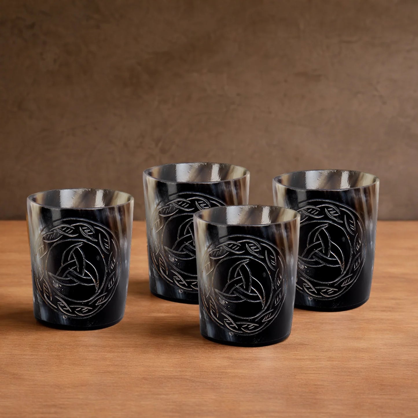Whiskey Shot Cups Set Eternal Pattern Real Ox Horn 6.5 oz, Pack 4, 8 & 12