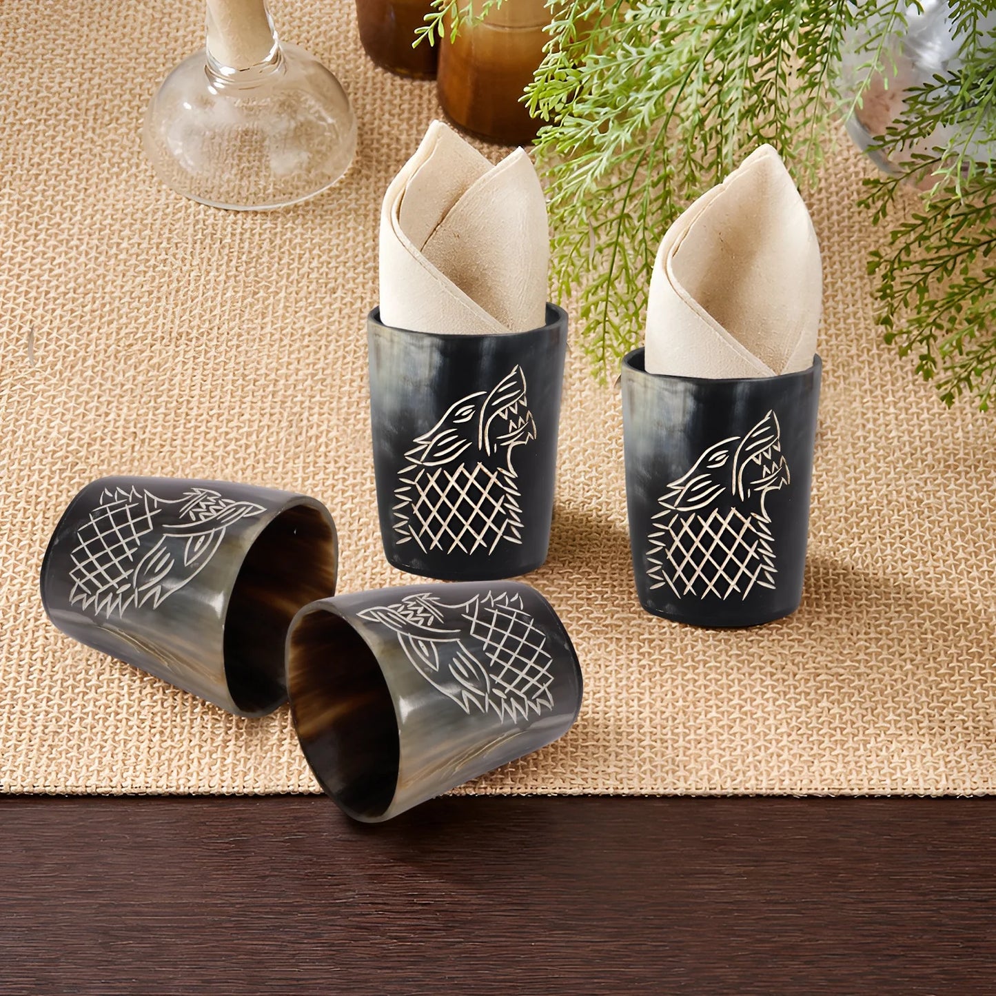 Whiskey Shot Cups Set Viking Wolf Pattern Real Ox Horn 6.5 oz, Pack 4, 8 & 12