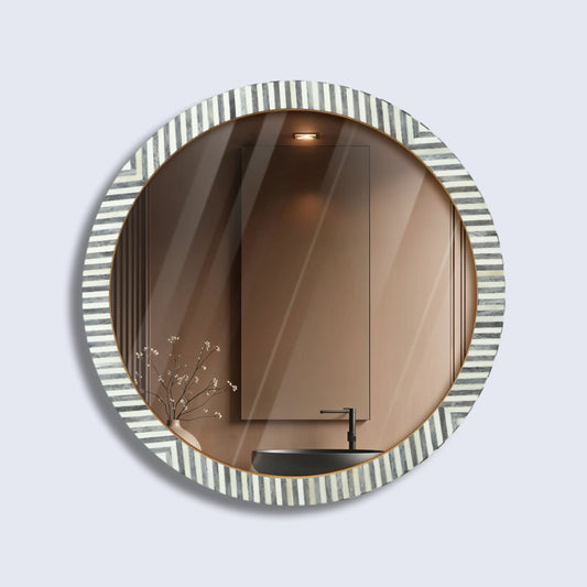 Wall Mirror Round Chevron Art Inspired  Bone Inlay Wall Hanging Mirror Frame,  24" Dia