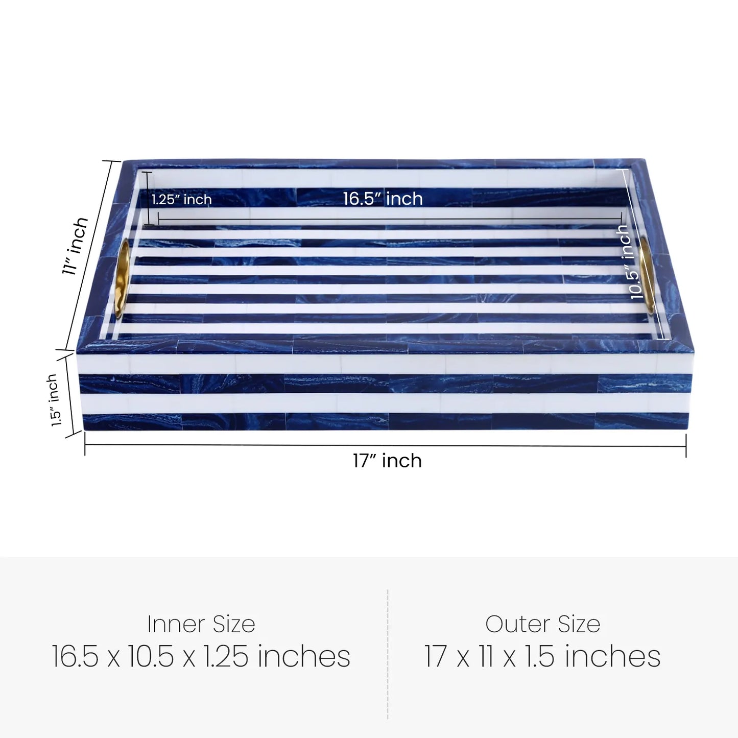 Blue White Resin Inlay Decorative Tray Brass Handle 17x11