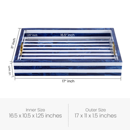 Blue White Resin Inlay Decorative Tray Brass Handle 17x11
