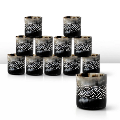 Whiskey Shot Cups Set Knot Pattern Real Ox Horn 6.5 oz, Pack 4, 8 & 12