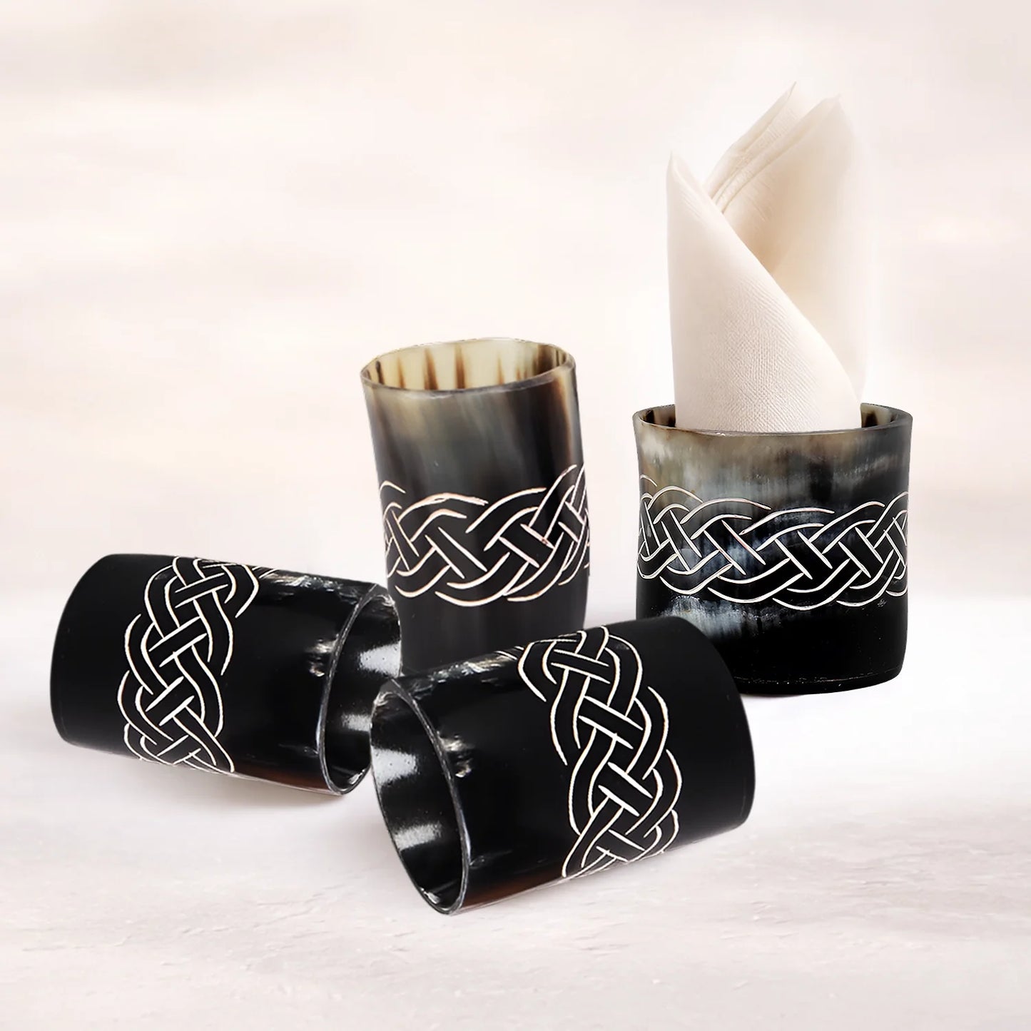 Whiskey Shot Cups Set Knot Pattern Real Ox Horn 6.5 oz, Pack 4, 8 & 12