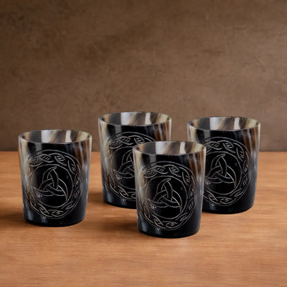Whiskey Shot Cups Set Eternal Pattern Real Ox Horn 6.5 oz, Pack 4, 8 & 12