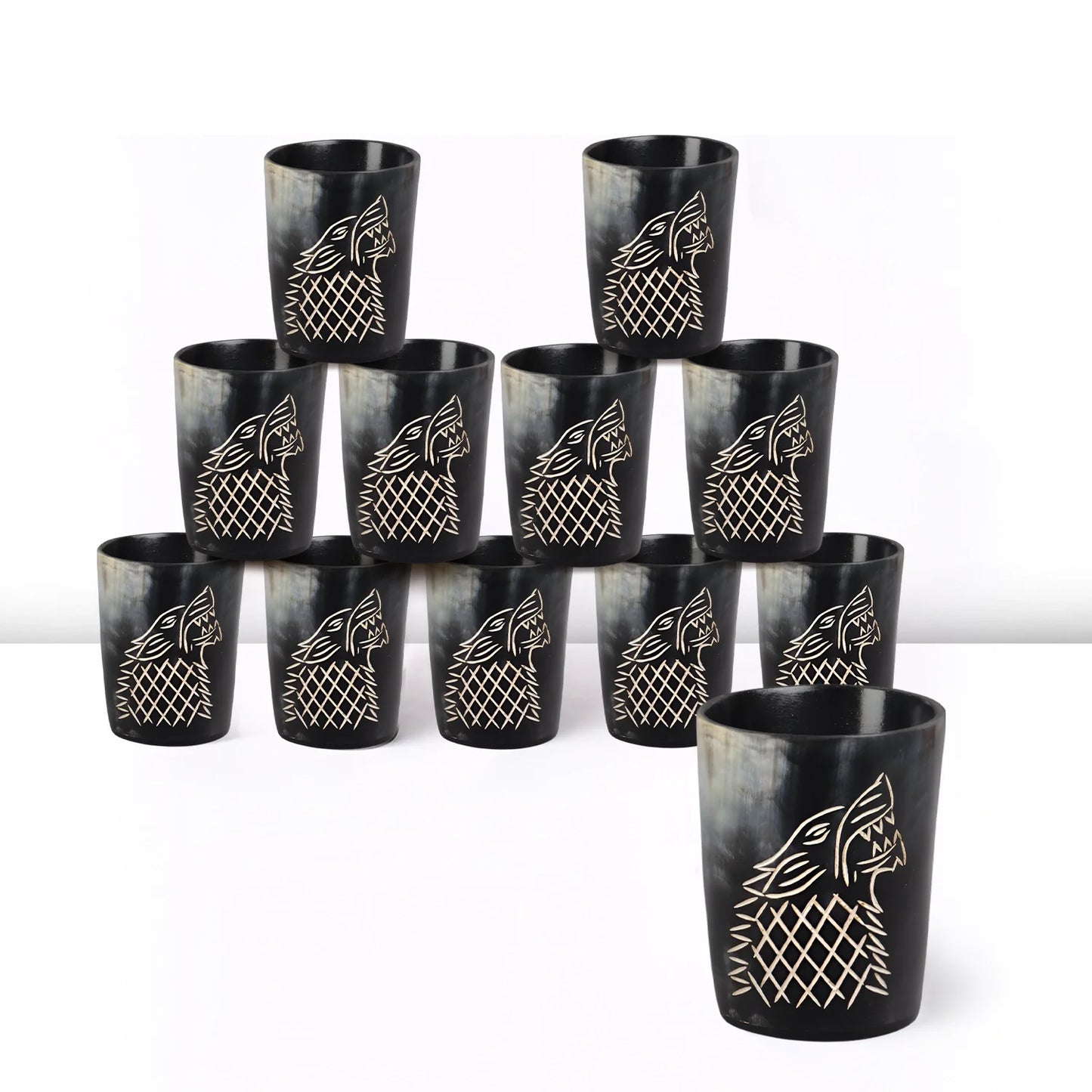 Whiskey Shot Cups Set Viking Wolf Pattern Real Ox Horn 6.5 oz, Pack 4, 8 & 12