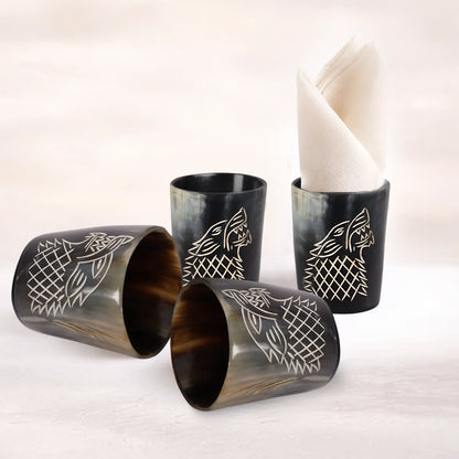 Whiskey Shot Cups Set Viking Wolf Pattern Real Ox Horn 6.5 oz, Pack 4, 8 & 12