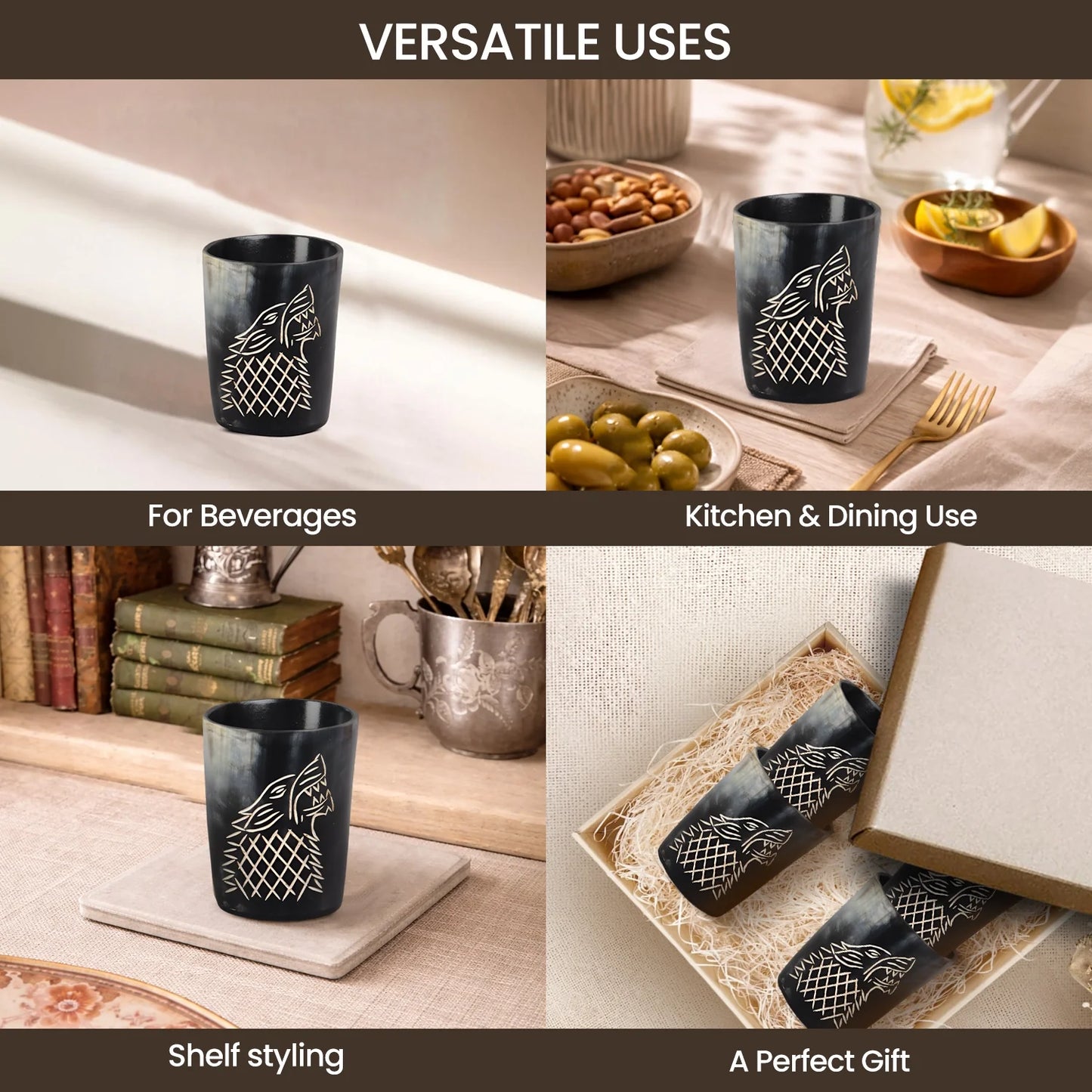 Whiskey Shot Cups Set Viking Wolf Pattern Real Ox Horn 6.5 oz, Pack 4, 8 & 12