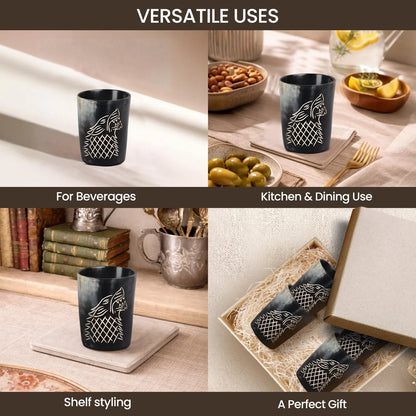 Whiskey Shot Cups Set Viking Wolf Pattern Real Ox Horn 6.5 oz, Pack 4, 8 & 12