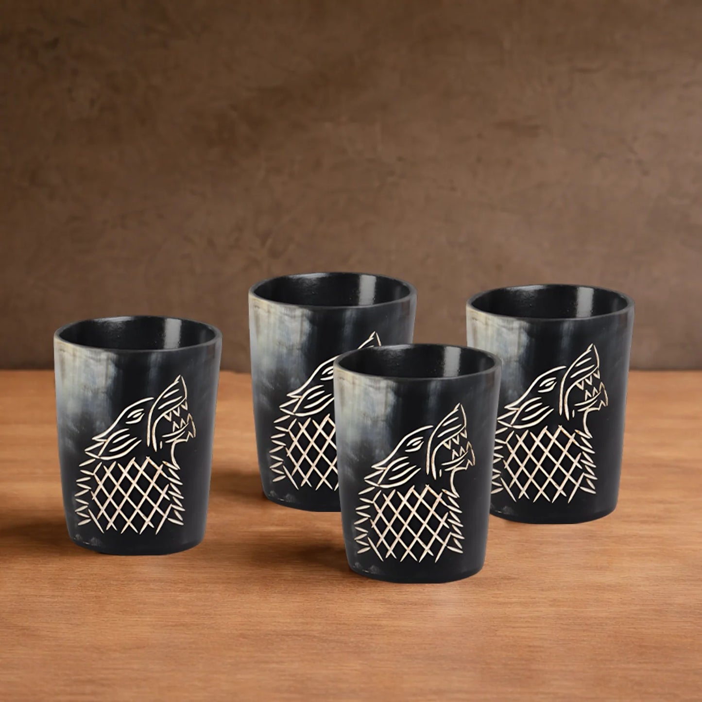 Whiskey Shot Cups Set Viking Wolf Pattern Real Ox Horn 6.5 oz, Pack 4, 8 & 12