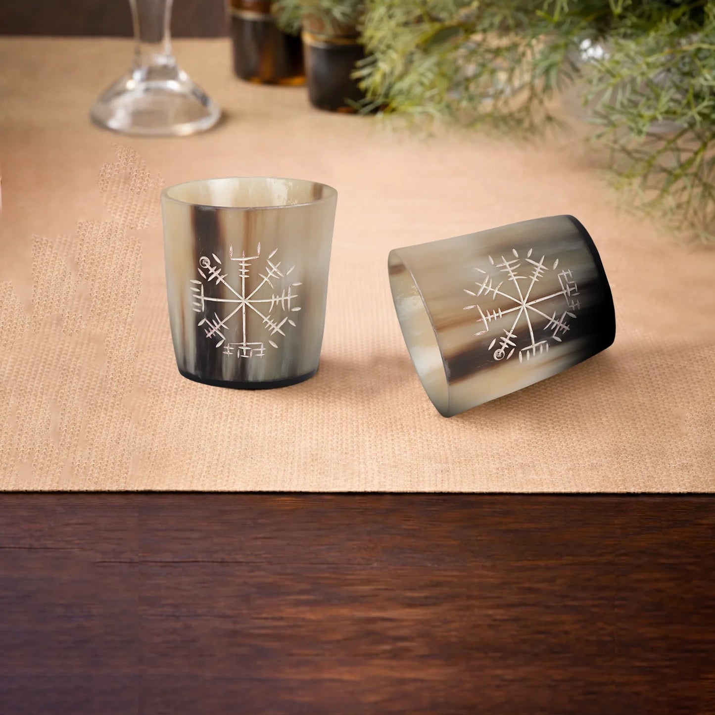 Whiskey Shot Cups Set Wayfinder Pattern Real Ox Horn 6.5 oz, Pack 4, 8 & 12